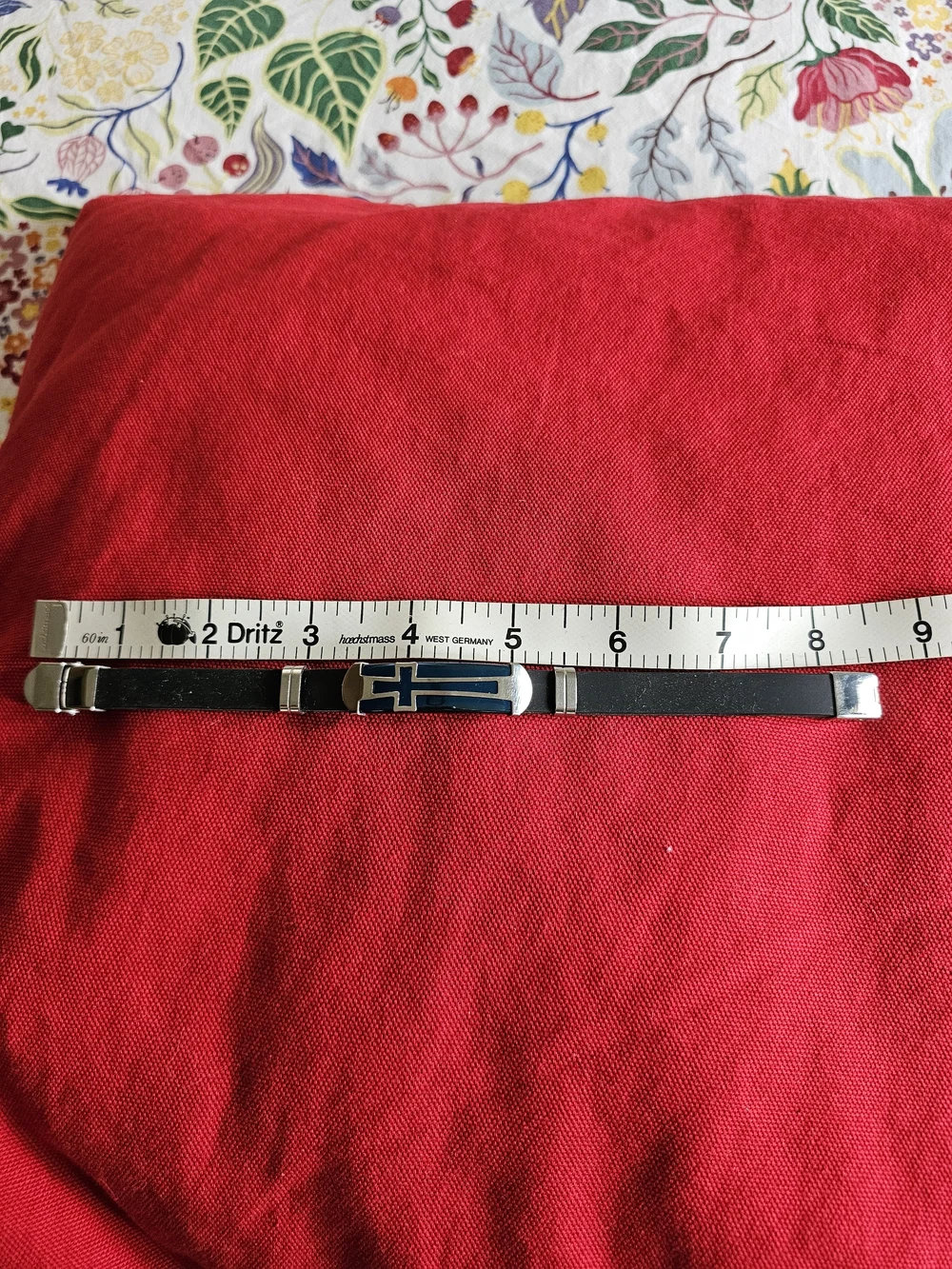 Men's Black Leather Bracelet with Blue Cross Accent